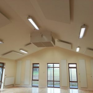 wall mounted and ceiling mounted acoustic panels fitted in a community centre in Hereford