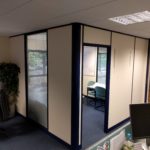 aluminium framed demountable office partitioning, in a custom colour to match company branding in Hereford